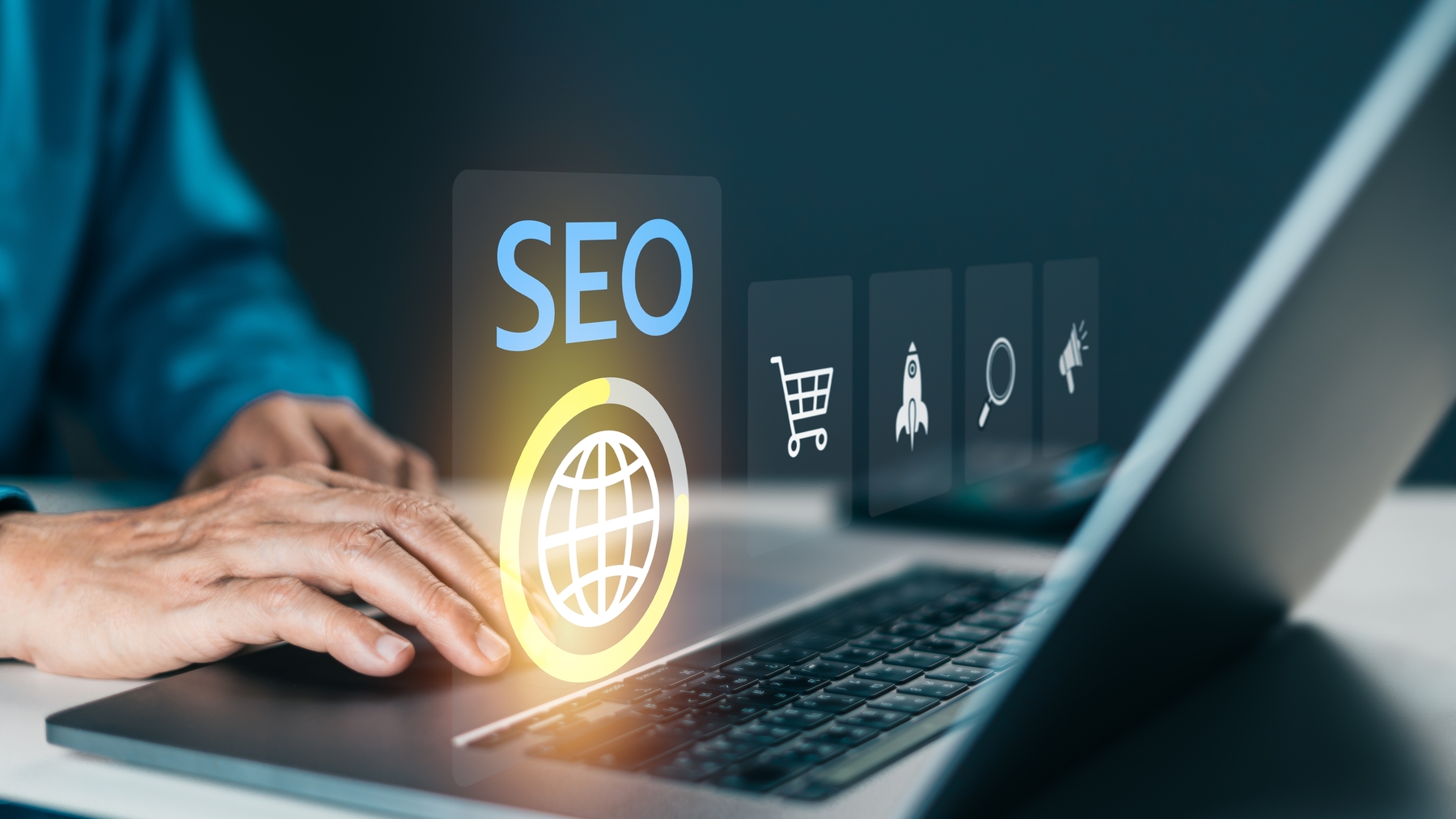 Person,Interacting,With,An,Icon,On,A,Laptop,,Surrounded,By